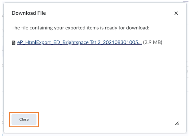 ePortfolio download/export pop-up window